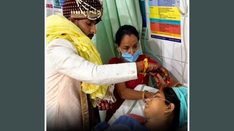A groom putting a traditional ring or holy thread on a bride resting on a hospital bed in an intensive care unit